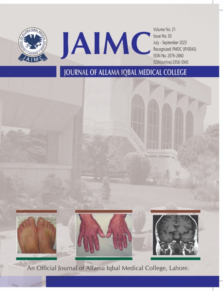 					View Vol. 21 No. 3 (2023): JAIMC: Journal of Allama Iqbal Medical College, Lahore
				